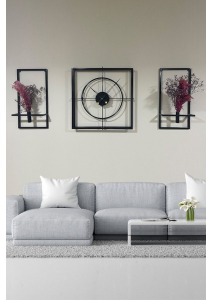 Tekno Trust Dikdörtgen Vip Set 60 cm Siyah 3'lü Kare Çiçeklikli Duvar Saati Metal Siyah Modern