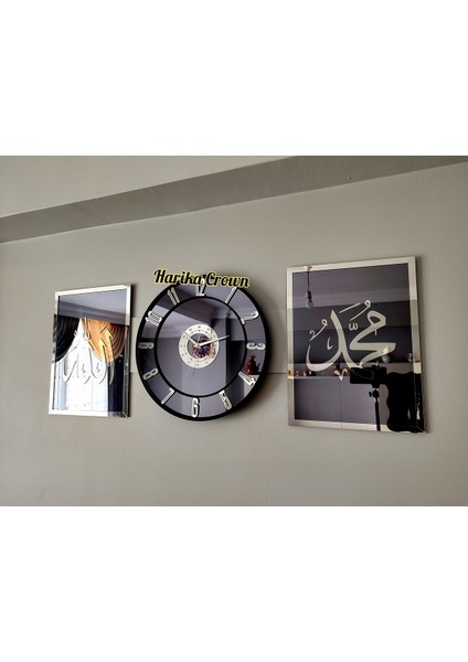 Tekno Trust 40 x 40 Aynalı Model 2 Li Allah (Cc) - Muhammed (Sav) Tablo ve Saat Seti 40 Gümüş Modern