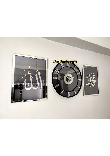 Tekno Trust 40 x 40 Aynalı Model 2 Li Allah (Cc) - Muhammed (Sav) Tablo ve Saat Seti 40 Gümüş Modern