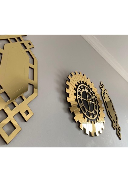 Tekno Trust Modern Dekoratif Duvar Saati Gold 3 Lü Set 60 cm Şık Türk Rakamlı Duvar Saati, Modern 30X70 cm Bakl