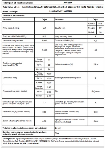 9kg Beyaz Şık PAKET(9100DMX-900KMX) 15 Program 1000 Devir A Enerji Sınıfı