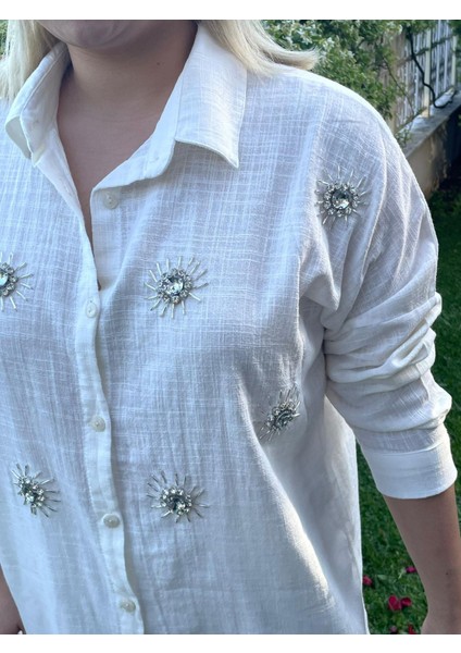 Gokilibutik kadın Beyaz Taş Işlemeli oversize Keten Gömlek