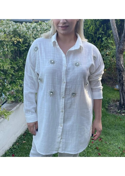 Gokilibutik kadın Beyaz Taş Işlemeli oversize Keten Gömlek