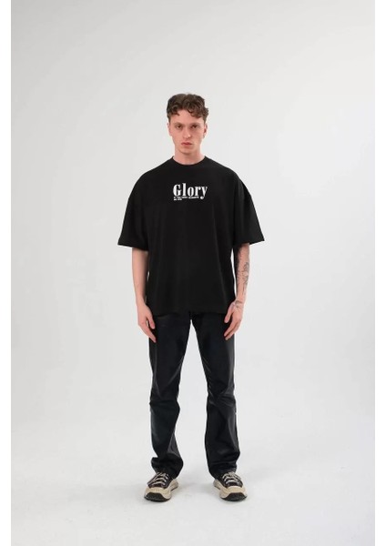 Bisiklet Yaka Baskılı Oversize T-Shirt - Siyah