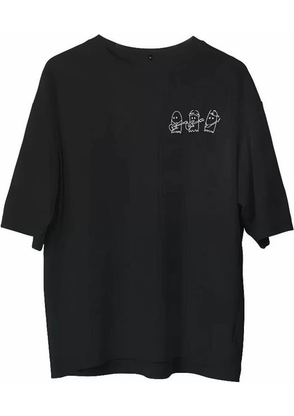 Bisiklet Yaka Baskılı Oversize T-Shirt - Siyah