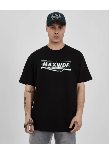 Bisiklet Yaka Baskılı Oversize T-Shirt - Siyah