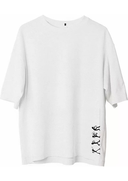 Bisiklet Yaka Baskılı Oversize T-Shirt - Beyaz