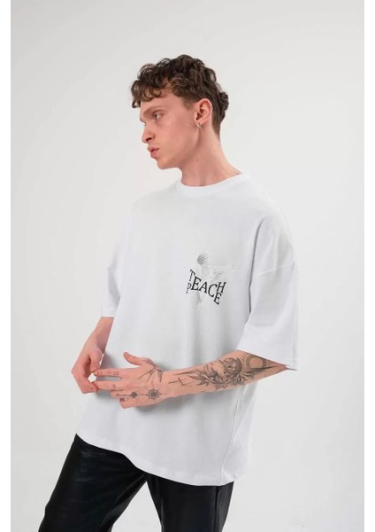 Bisiklet Yaka Baskılı Oversize T-Shirt - Beyaz fiyatları
