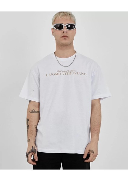 Bisiklet Yaka Baskılı Oversize T-Shirt - Beyaz