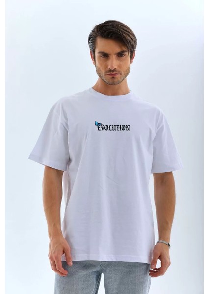 Bisiklet Yaka Baskılı Oversize T-Shirt - Beyaz