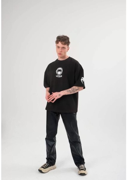 Bisiklet Yaka Baskılı Oversize T-Shirt - Siyah