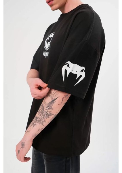Bisiklet Yaka Baskılı Oversize T-Shirt - Siyah modelleri