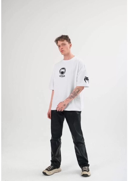 Bisiklet Yaka Baskılı Oversize T-Shirt - Beyaz