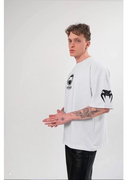 Bisiklet Yaka Baskılı Oversize T-Shirt - Beyaz fırsatları