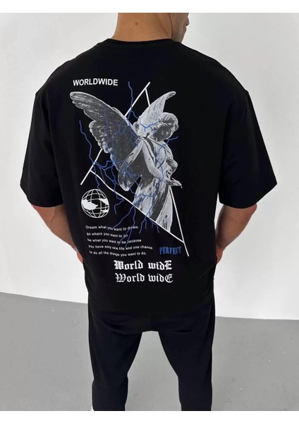 Bisiklet Yaka Baskılı Oversize T-Shirt - Siyah