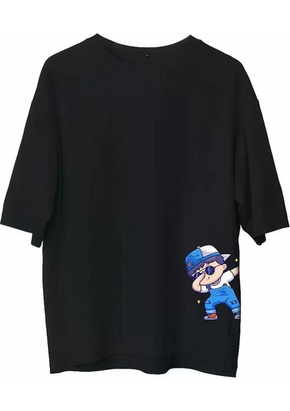 Bisiklet Yaka Baskılı Oversize T-Shirt - Siyah