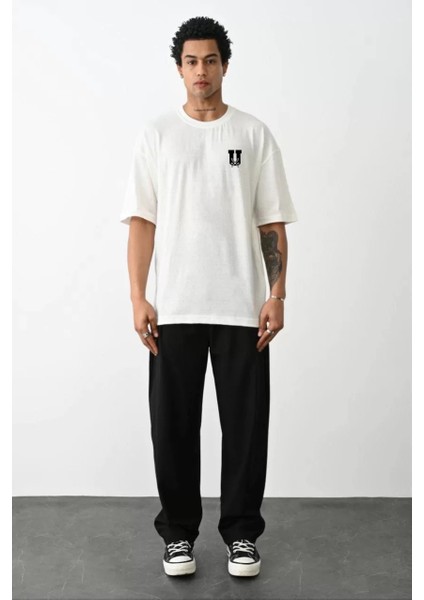 Bisiklet Yaka Baskılı Oversize T-Shirt - Beyaz