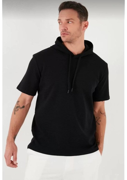 Kapşonlu Kısa Kol Düz Oversize T-Shirt - Siyah