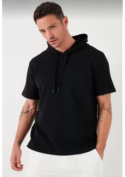 Kapşonlu Kısa Kol Düz Oversize T-Shirt - Siyah fırsatları