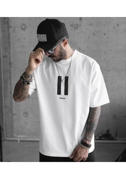 Bisiklet Yaka Baskılı Oversize T-Shirt - Beyaz fiyatları
