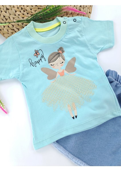 Kız Çocuk/bebek Kot Şort Tişort Ikili Takım Peri Kız Baskılı Turkuaz ve Nar Çiçeği Renk Seçenekleri fiyatları