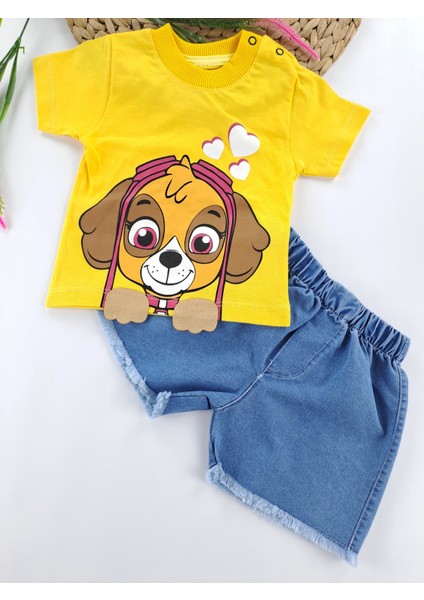 Kız Çocuk Kot Şort Tişort Ikili Takım Baskı Detaylı