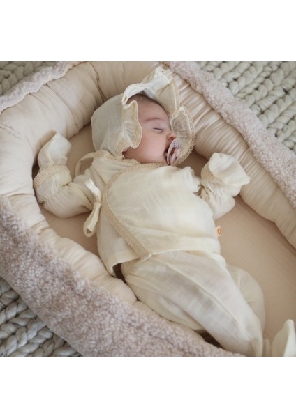 Krem Unisex Pamuklu Müslin Fistolu Yenidoğan Hastahane Çıkışı