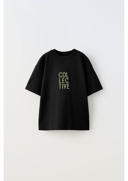 Collective Fly Knıt Yazılı Futbol Tasarım Baskılı Siyah Çocuk T-Shirt