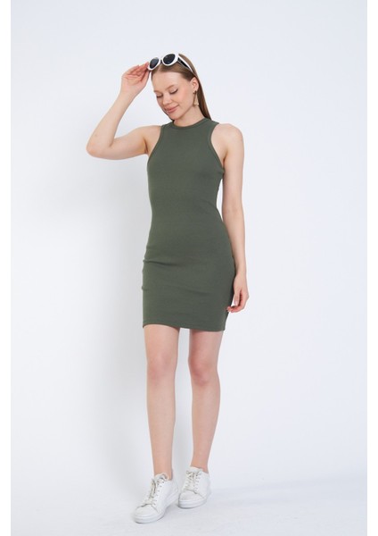 Halter Yaka Likralı Kaşkorse Mini Haki Elbise fiyatları