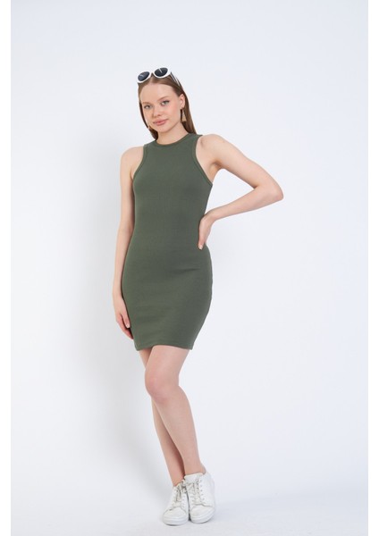 Halter Yaka Likralı Kaşkorse Mini Haki Elbise
