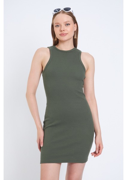 Halter Yaka Likralı Kaşkorse Mini Haki Elbise modelleri
