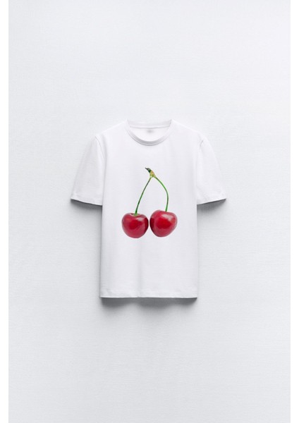 Kiraz Tasarım Baskılı Beyaz Kadın T-Shirt modelleri
