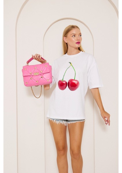 Kiraz Tasarım Baskılı Beyaz Kadın T-Shirt indirimleri