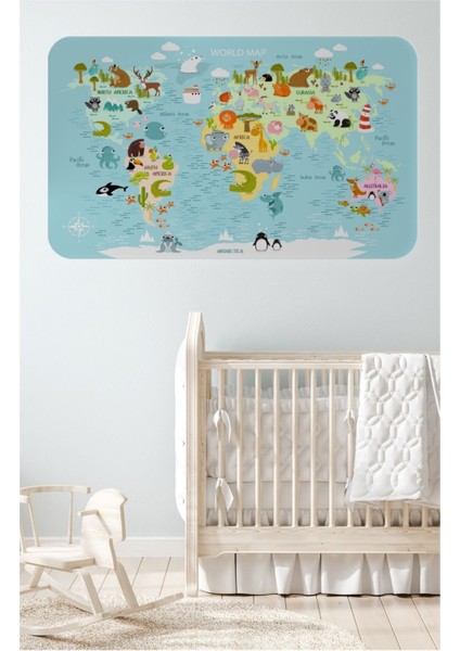 Eğitici Dünya Haritası Dünya Atlası Çocuk Odası Duvar Sticker, DEKORATIF-100X65-3782 Frd Hrt