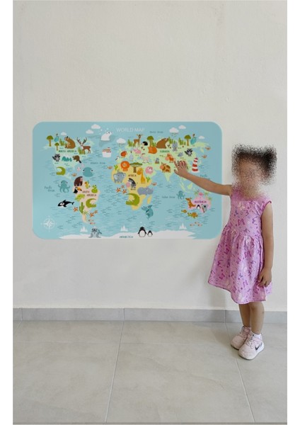 Eğitici Dünya Haritası Dünya Atlası Çocuk Odası Duvar Sticker, DEKORATIF-100X65-3782 Frd Hrt