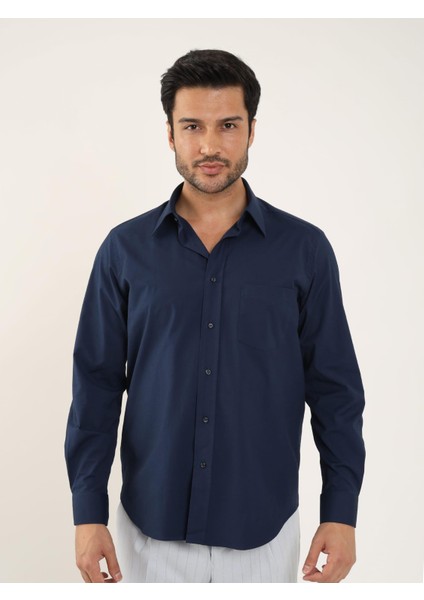 Lacivert Erkek Regular Fit Düz Brent Yaka Uzun Kol Gömlek - 88189 modelleri
