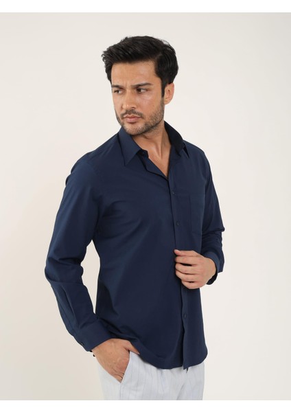 Lacivert Erkek Regular Fit Düz Brent Yaka Uzun Kol Gömlek - 88189 fırsatları