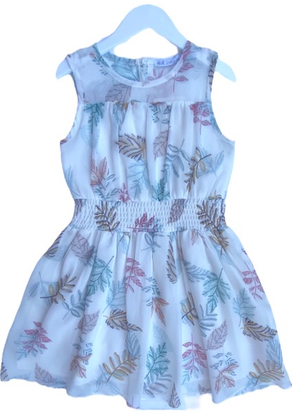 Kız Çocuk Yaprak Desenli Astarlı Zarif Elbise