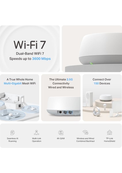 Deco BE25(3-PACK), BE3600 Mbps, 2× 2.5 Gbps Portlar, Aı Destekli Çoklu Işlem Kabiliyeti, 150 Cihaza Kadar Bağlanılabilirlik, Vpn, Wpa3, Dual-Band Wi-Fi 7 Mesh Sistemi