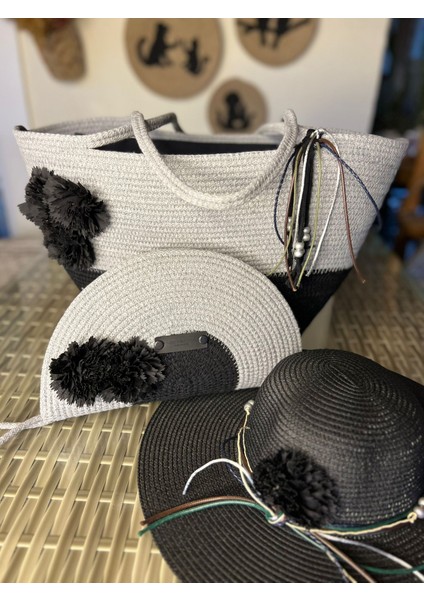 Vero 3lü Takım Plaj Çantası , El Çantası Clutch, Şapka, Totebag,çanta, Yazlık, Hediyelik,
