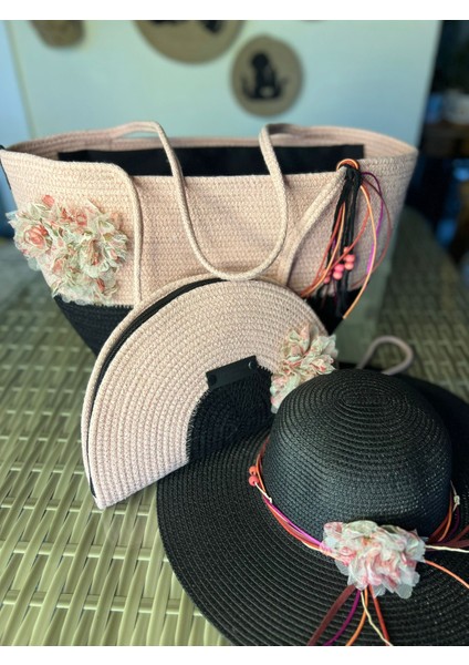 Vero 3lü Takım Plaj Çantası , El Çantası Clutch, Şapka, Totebag,çanta, Yazlık, Hediyelik,