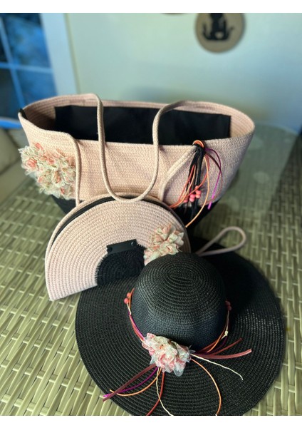 Vero 3lü Takım Plaj Çantası , El Çantası Clutch, Şapka, Totebag,çanta, Yazlık, Hediyelik,