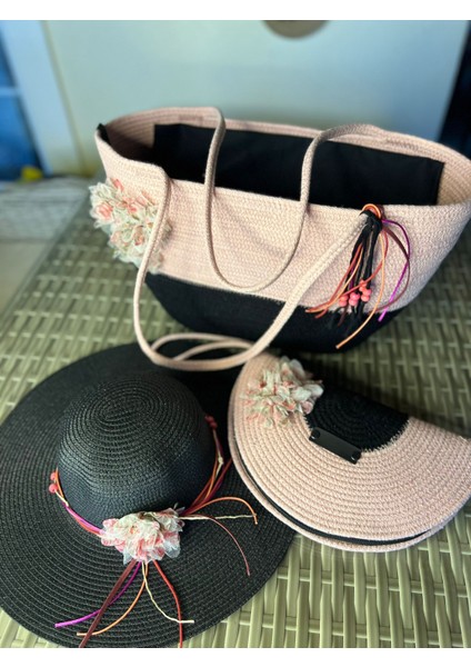 Vero 3lü Takım Plaj Çantası , El Çantası Clutch, Şapka, Totebag,çanta, Yazlık, Hediyelik,
