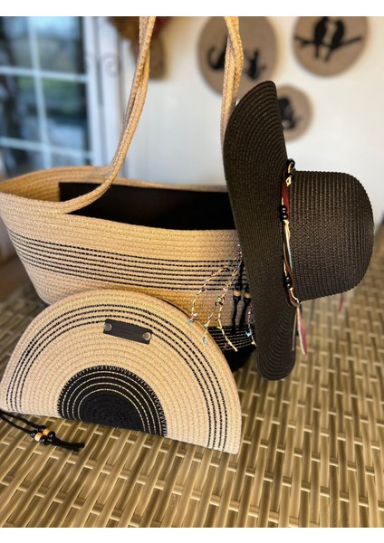 Vero 3lü Takım Plaj Çantası , El Çantası Clutch, Şapka, Totebag,çanta, Yazlık, Hediyelik,
