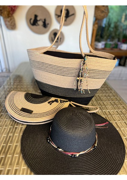 Vero 3lü Takım Plaj Çantası , El Çantası Clutch, Şapka, Totebag,çanta, Yazlık, Hediyelik,