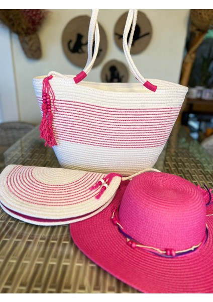 Vero 3lü Takım Plaj Çantası , El Çantası Clutch, Şapka, Totebag,çanta, Yazlık, Hediyelik,