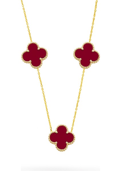 925 Ayar Gümüş Mercan Taşlı 3'lü Yonca Kolye