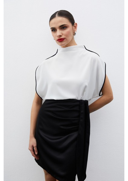 Boğazlı Kontrast Bluz - Ekru