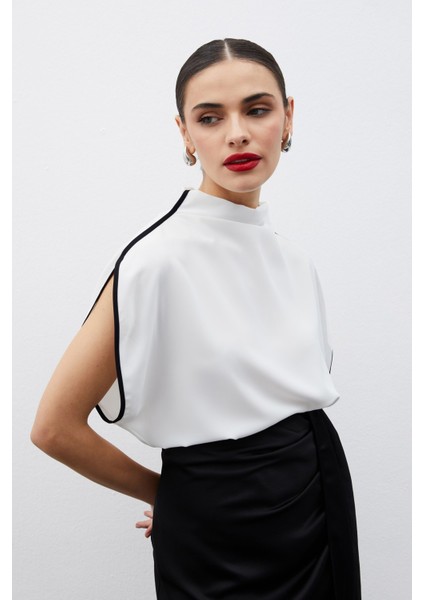 Boğazlı Kontrast Bluz - Ekru modelleri