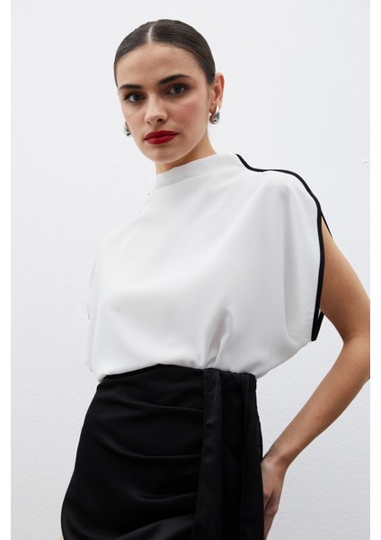 Boğazlı Kontrast Bluz - Ekru fırsatları